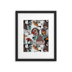 Geo spring animal party // green grey linen texture background brown aqua mint orange and neon red details Framed Art Print Gallery Image 5