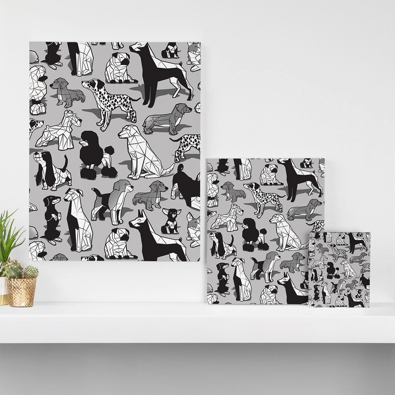 Geometric sweet wet noses // grey background black and white dogs Canvas Print Gallery Image 3