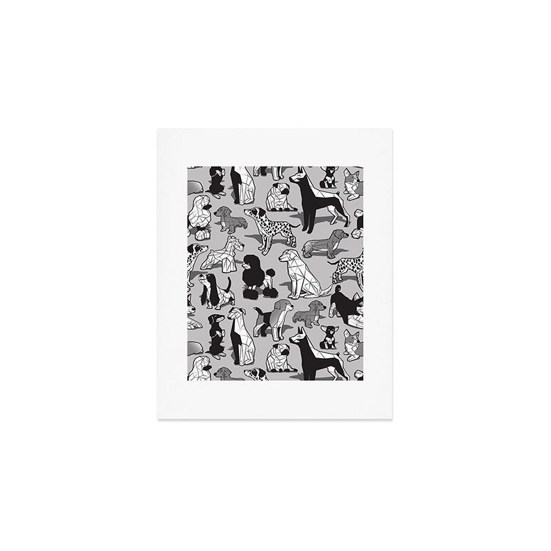 Geometric Sweet Wet Noses // Grey Background Black And White Dogs Art Print