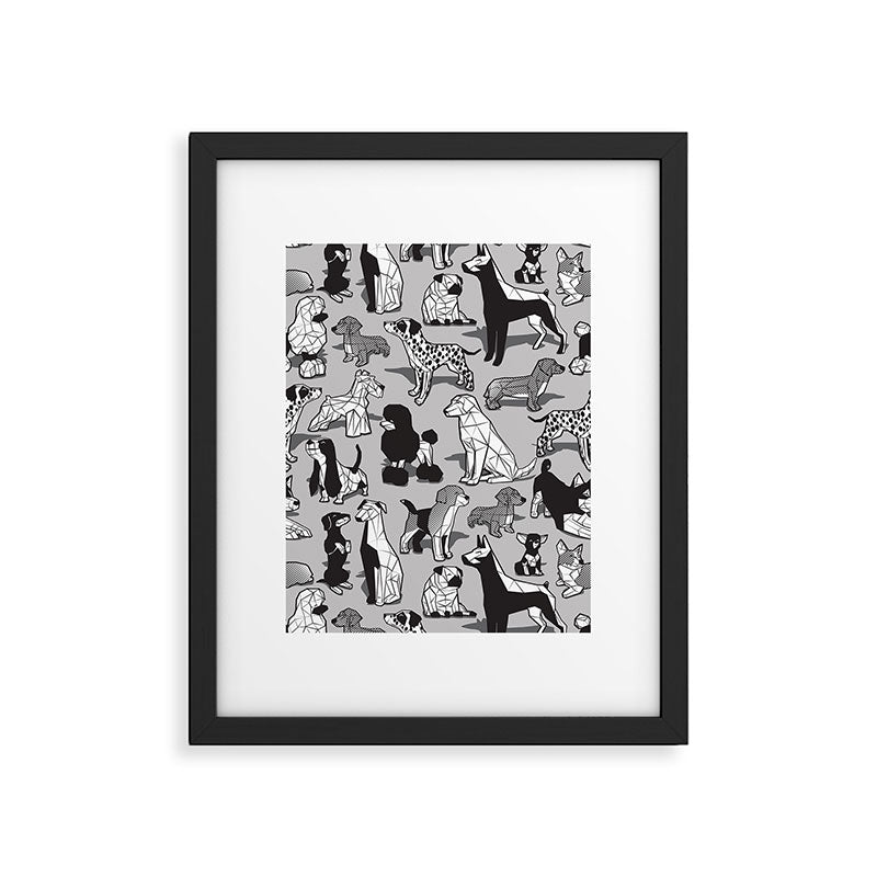 Geometric sweet wet noses // grey background black and white dogs Framed Art Print Gallery Image 4