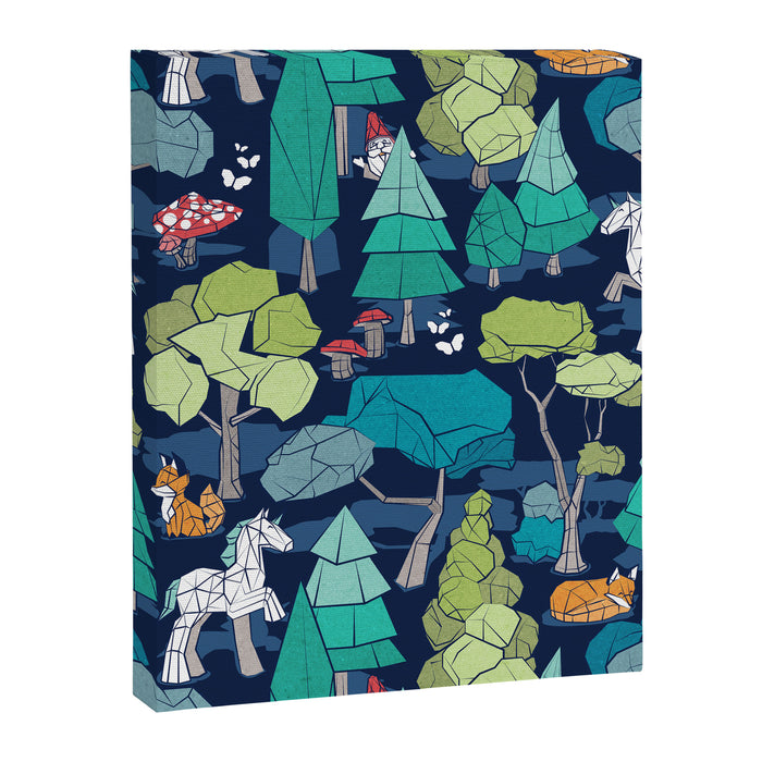Geometric whimsical wonderland // navy blue background green forest with unicorns foxes gnomes and mushrooms Canvas Print Gallery Image 1