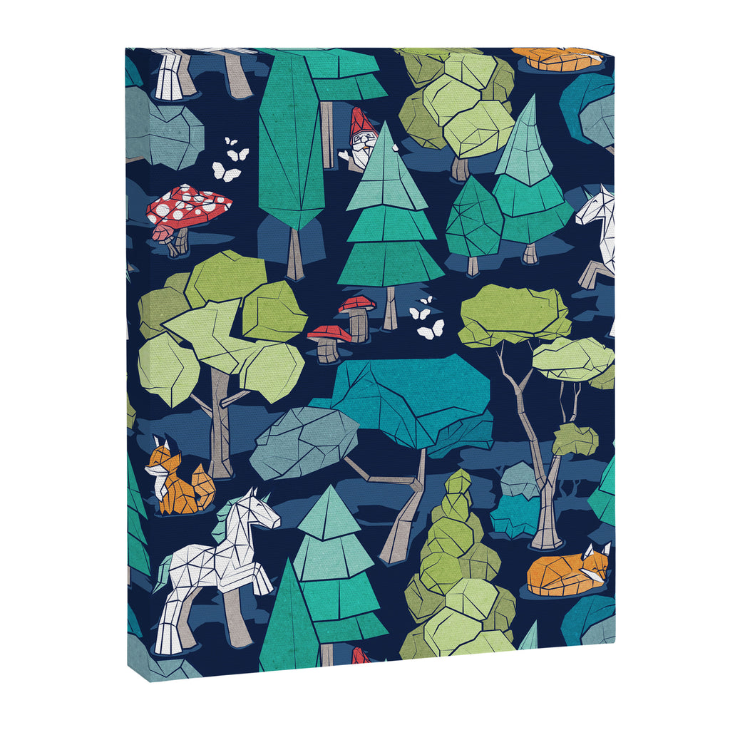 Geometric whimsical wonderland // navy blue background green forest with unicorns foxes gnomes and mushrooms Canvas Print Gallery Image 8