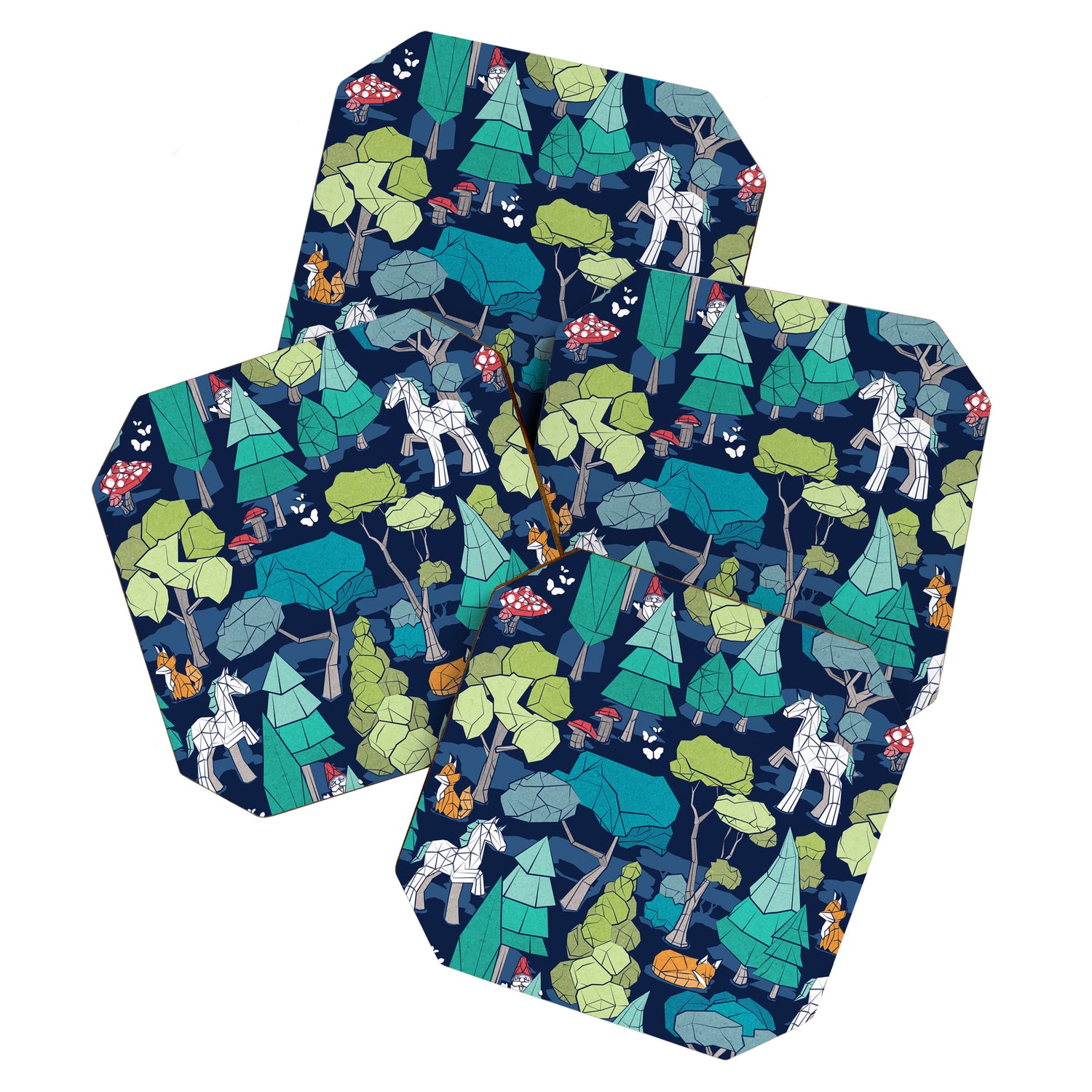 Geometric whimsical wonderland // navy blue background green forest with unicorns foxes gnomes and mushrooms Coaster Gallery Image 1