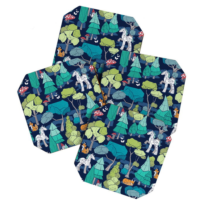 Geometric whimsical wonderland // navy blue background green forest with unicorns foxes gnomes and mushrooms Coaster Gallery Image 1