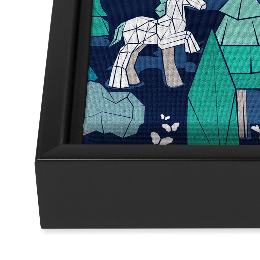 Geometric whimsical wonderland // navy blue background green forest with unicorns foxes gnomes and mushrooms Framed Canvas Print Gallery Image 3