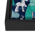 Geometric whimsical wonderland // navy blue background green forest with unicorns foxes gnomes and mushrooms Framed Canvas Print Gallery Image 3