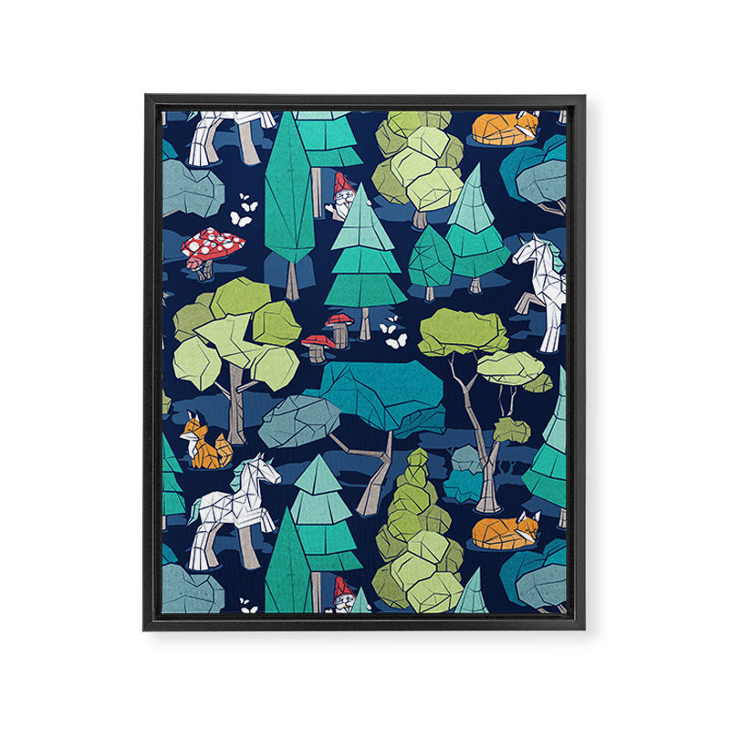 Geometric whimsical wonderland // navy blue background green forest with unicorns foxes gnomes and mushrooms Framed Canvas Print Gallery Image 8