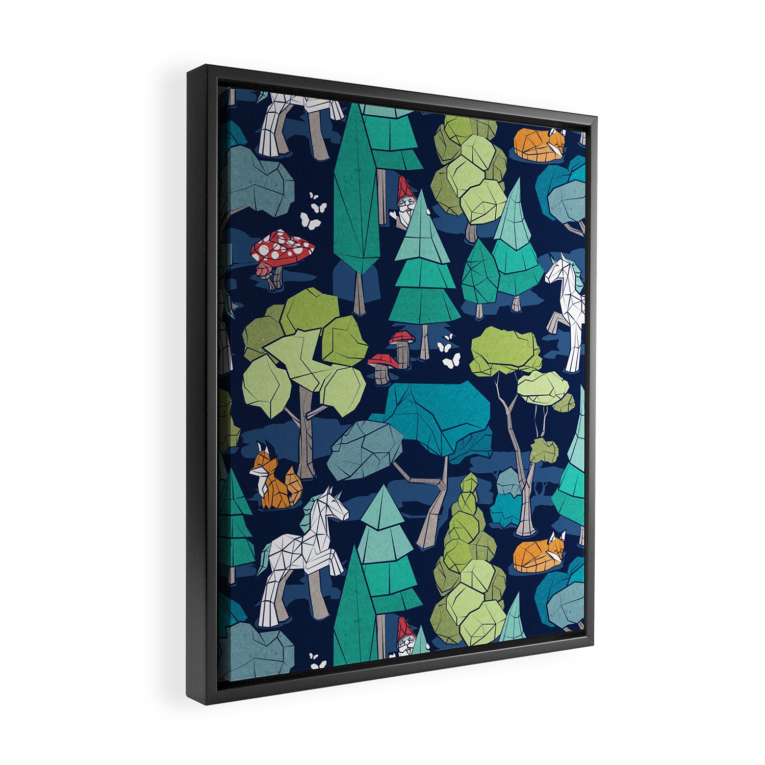 Geometric whimsical wonderland // navy blue background green forest with unicorns foxes gnomes and mushrooms Framed Canvas Print Gallery Image 2