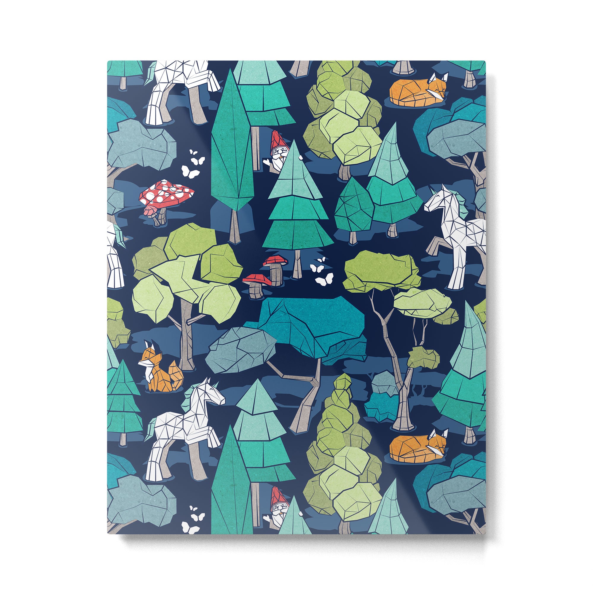 Geometric whimsical wonderland // navy blue background green forest with unicorns foxes gnomes and mushrooms Metal Print Gallery Image 6