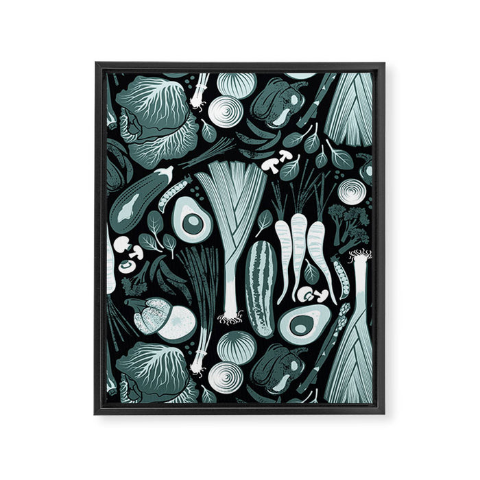 Go veggie // black background pine and mint vegetables Framed Canvas Print Gallery Image 1