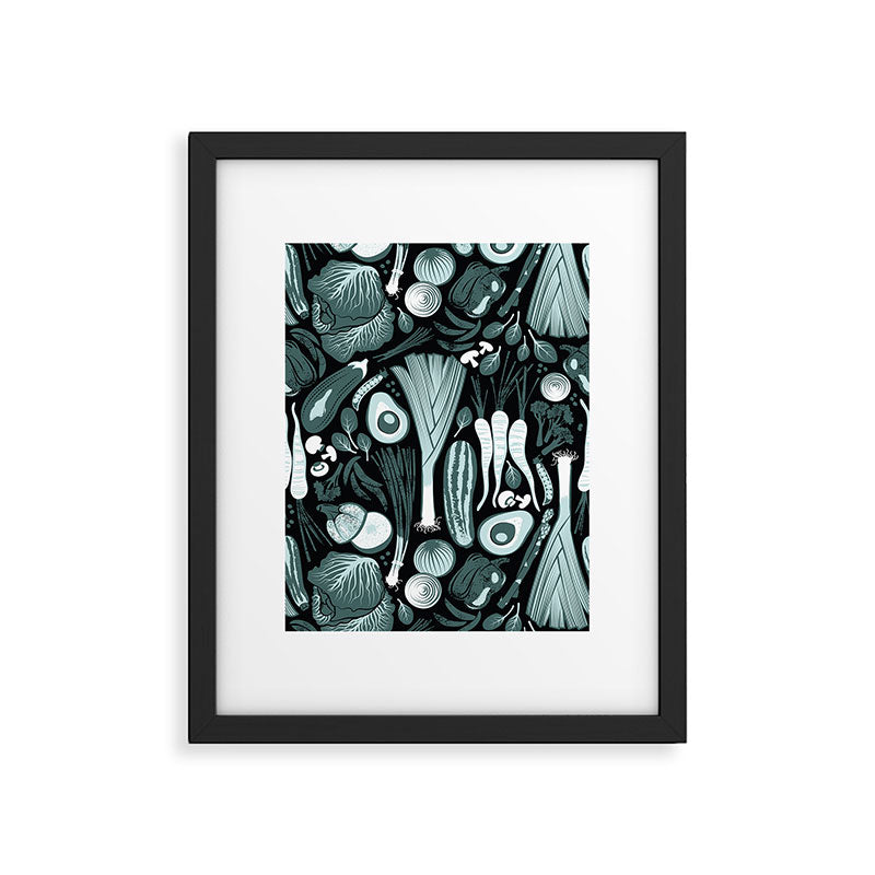 Go veggie // black background pine and mint vegetables Framed Art Print Gallery Image 5