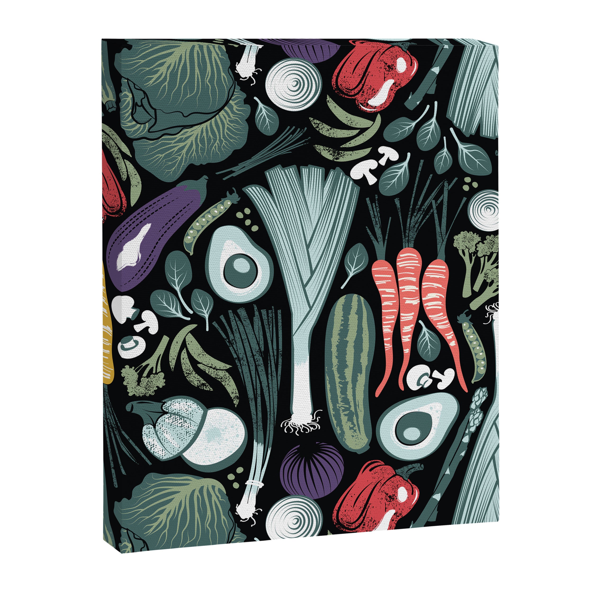 Go veggie // black background sage green mint goldenrod yellow coral and purple beet vegetables Canvas Print Gallery Image 6