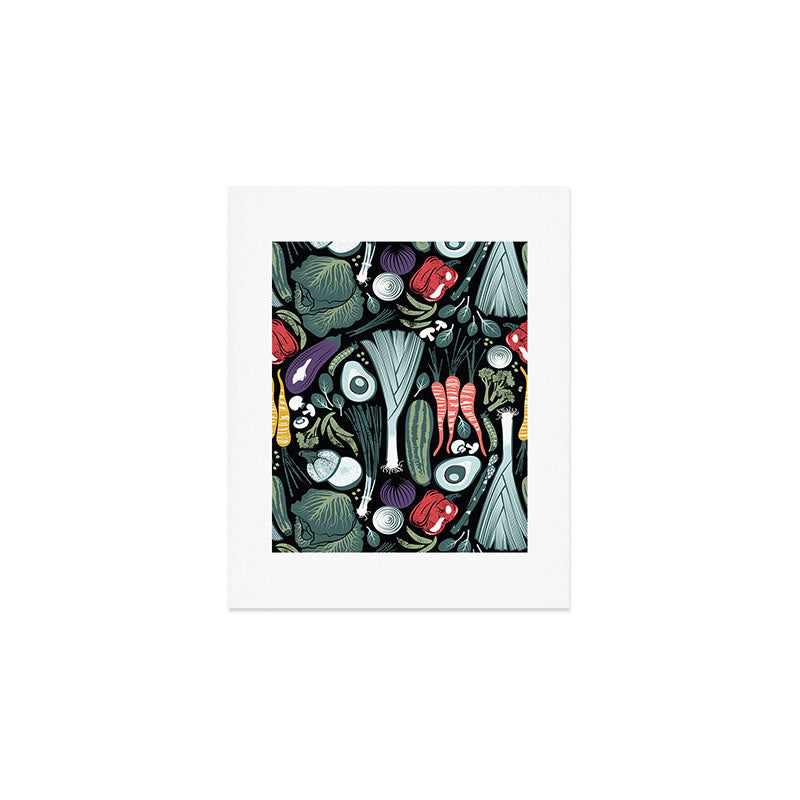 Go veggie // black background sage green mint goldenrod yellow coral and purple beet vegetables Art Print Gallery Image 1