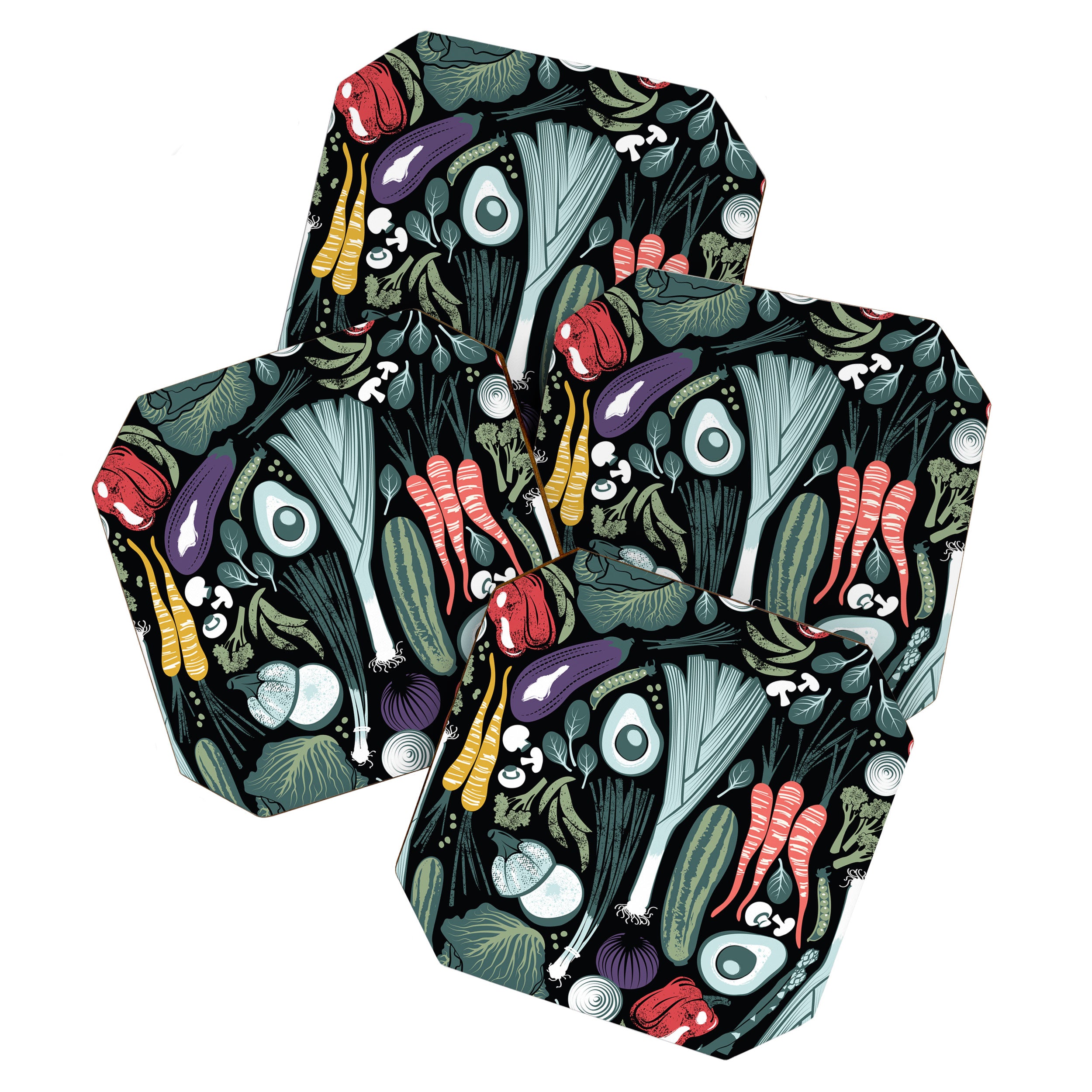 Go veggie // black background sage green mint goldenrod yellow coral and purple beet vegetables Coaster Gallery Image 1