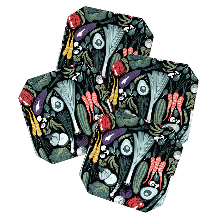 Go veggie // black background sage green mint goldenrod yellow coral and purple beet vegetables Coaster Gallery Image 1