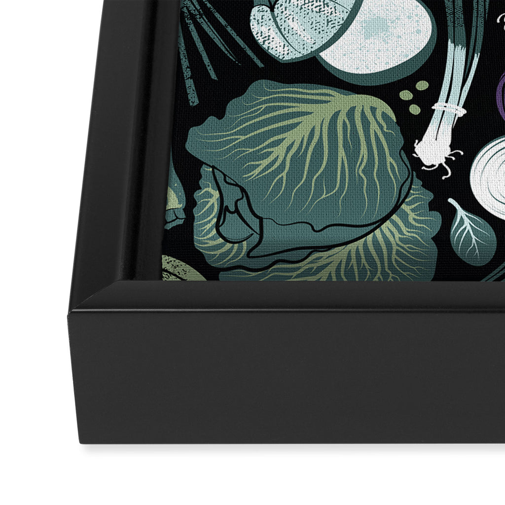Go veggie // black background sage green mint goldenrod yellow coral and purple beet vegetables Framed Canvas Print Gallery Image 3