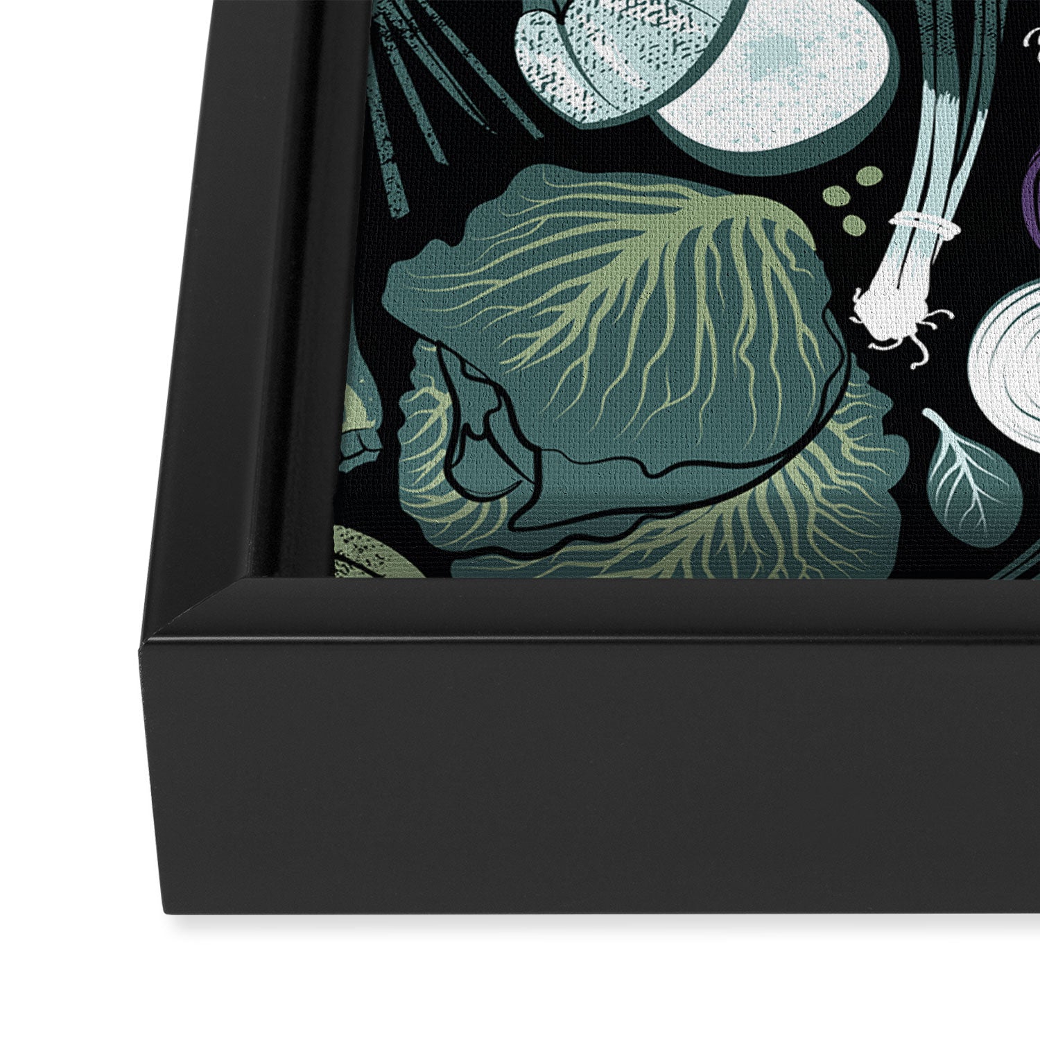 Go veggie // black background sage green mint goldenrod yellow coral and purple beet vegetables Framed Canvas Print Gallery Image 3
