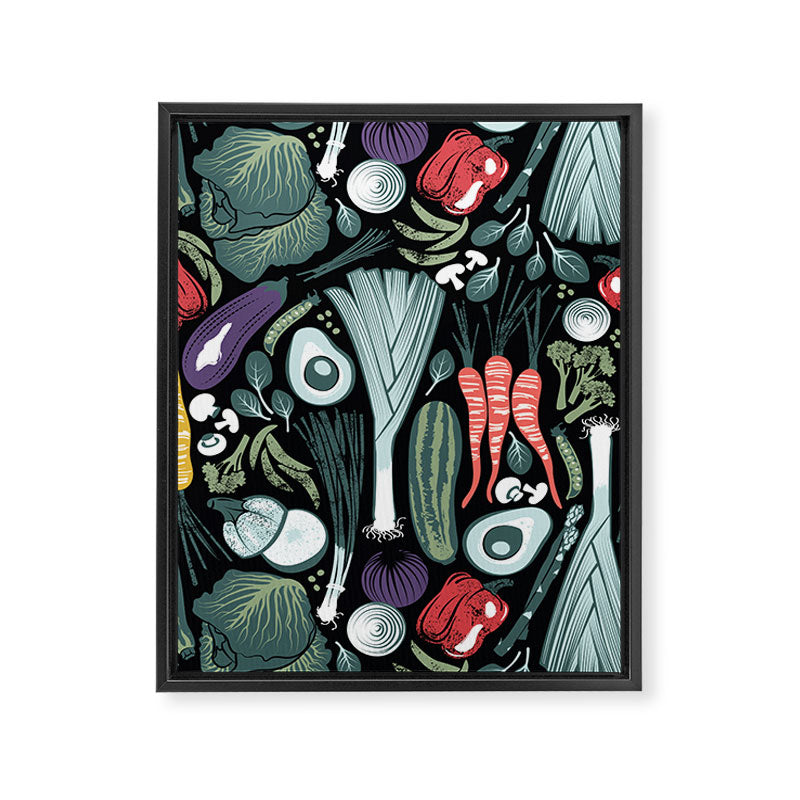 Go veggie // black background sage green mint goldenrod yellow coral and purple beet vegetables Framed Canvas Print Gallery Image 6