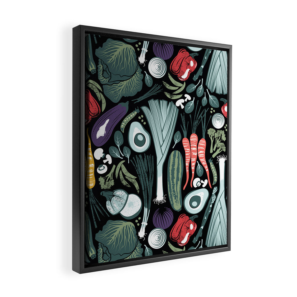 Go veggie // black background sage green mint goldenrod yellow coral and purple beet vegetables Framed Canvas Print Gallery Image 2