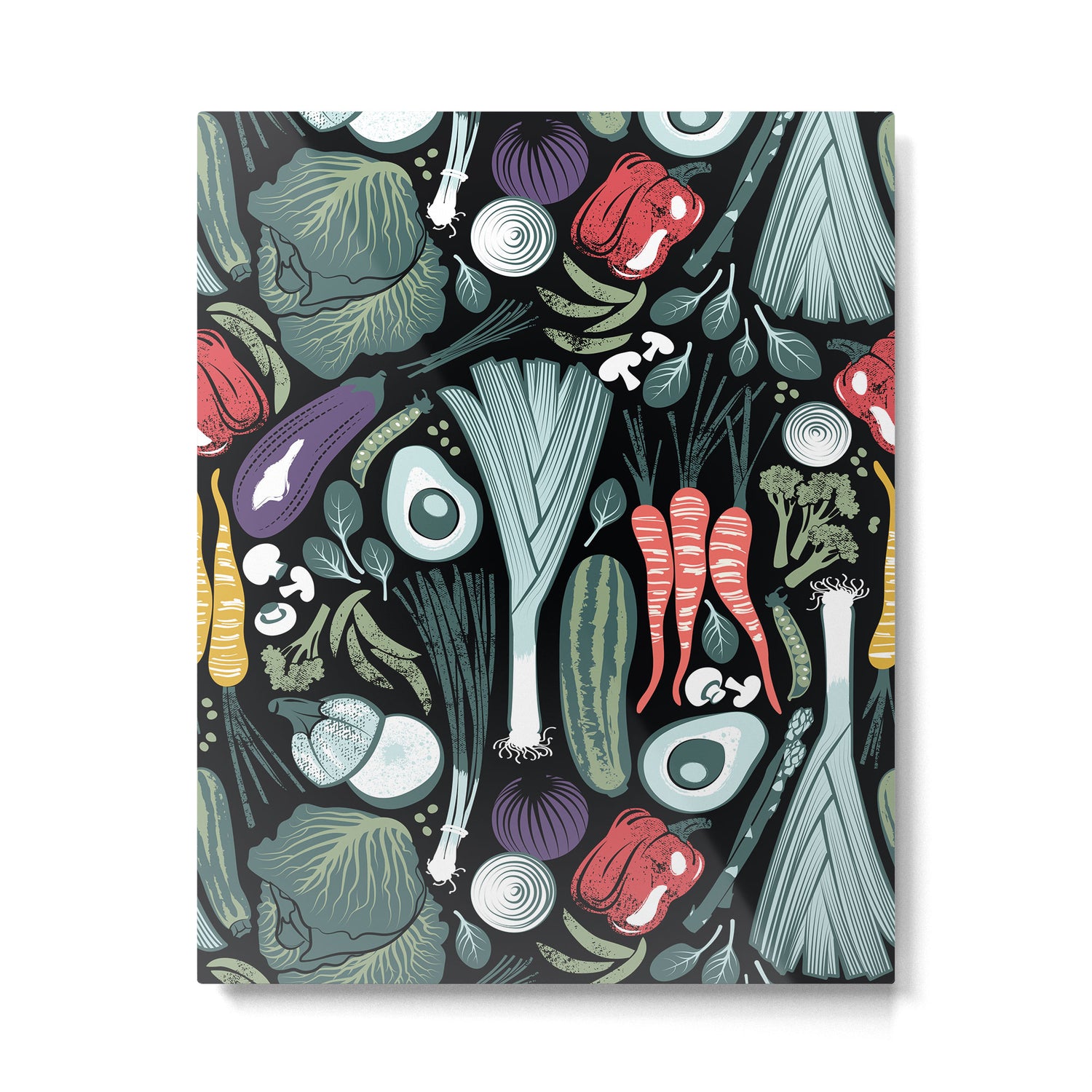 Go veggie // black background sage green mint goldenrod yellow coral and purple beet vegetables Metal Print Gallery Image 4