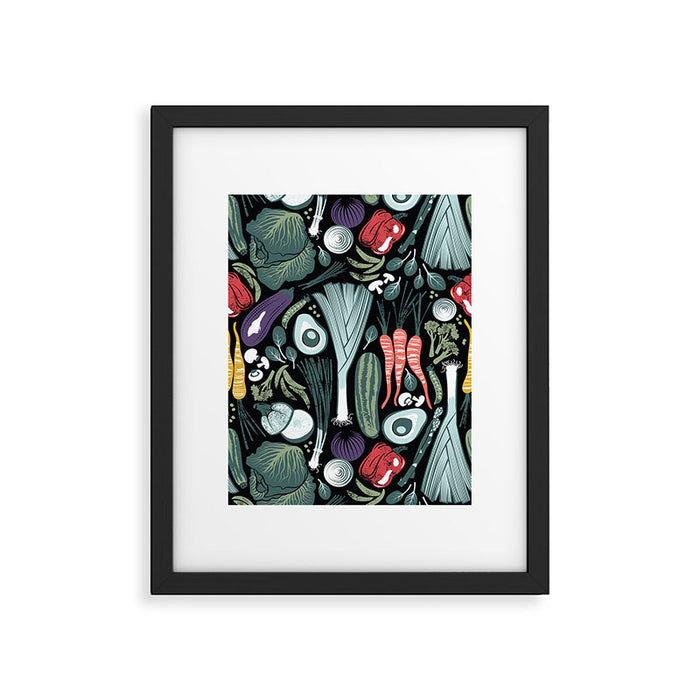 Go veggie // black background sage green mint goldenrod yellow coral and purple beet vegetables Framed Art Print Gallery Image 1