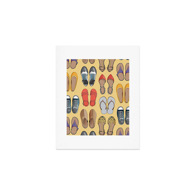 Hard choice // shoes on yellow background Art Print Gallery Image 1