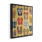 Hard choice // shoes on yellow background Framed Canvas Print Gallery Image 2