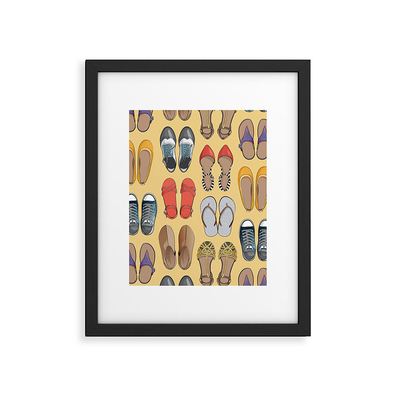 Hard choice // shoes on yellow background Framed Art Print Gallery Image 6