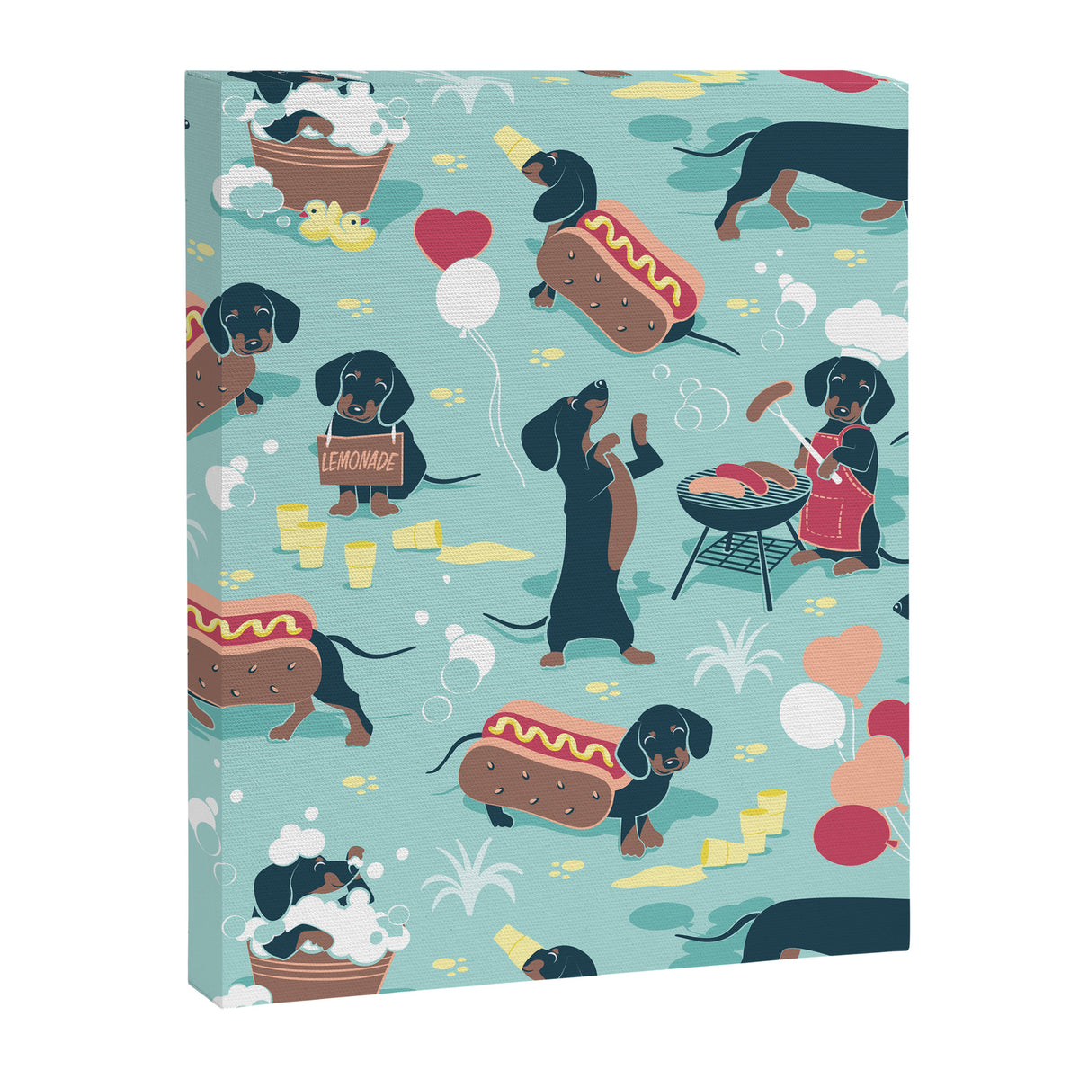Hot dogs and lemonade // aqua background navy dachshunds Canvas Print Gallery Image 6