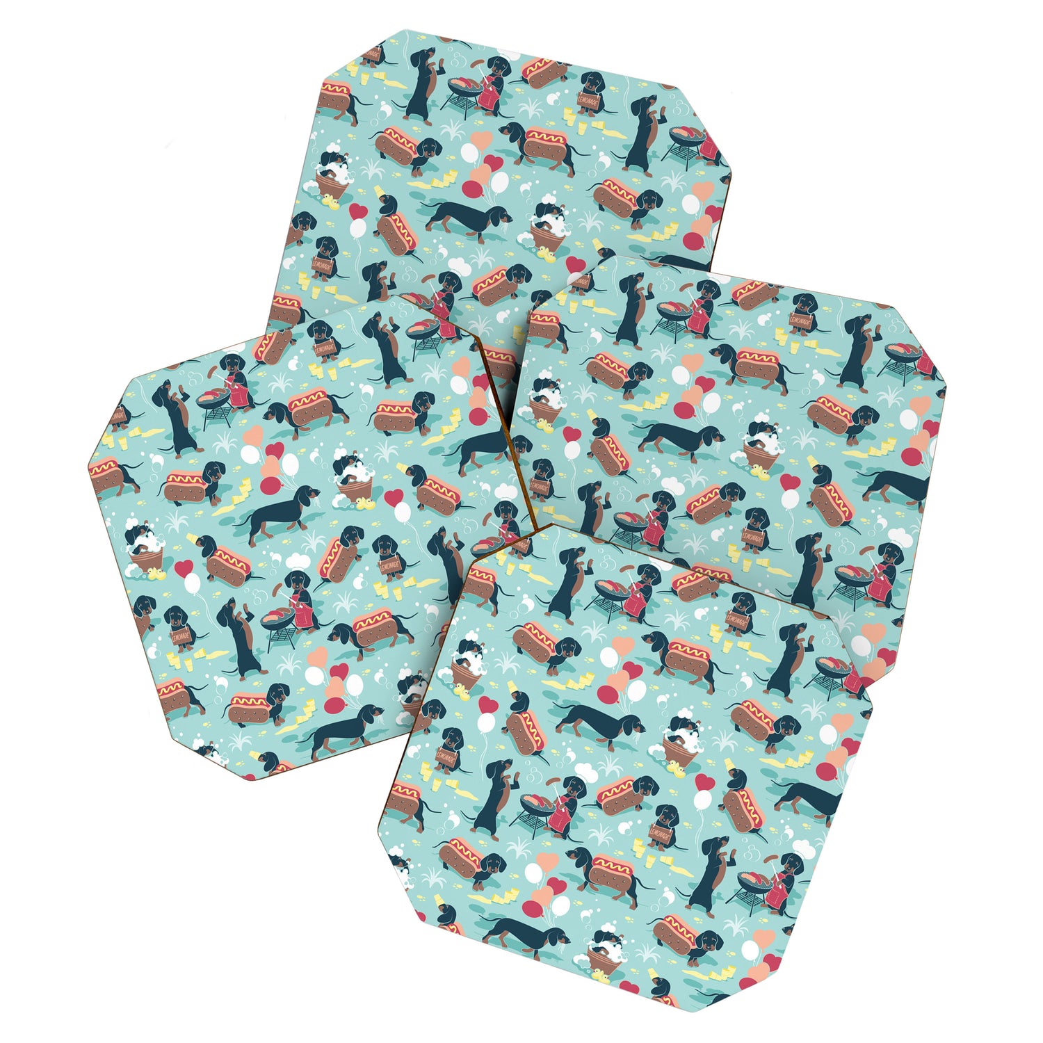 Hot dogs and lemonade // aqua background navy dachshunds Coaster Gallery Image 1