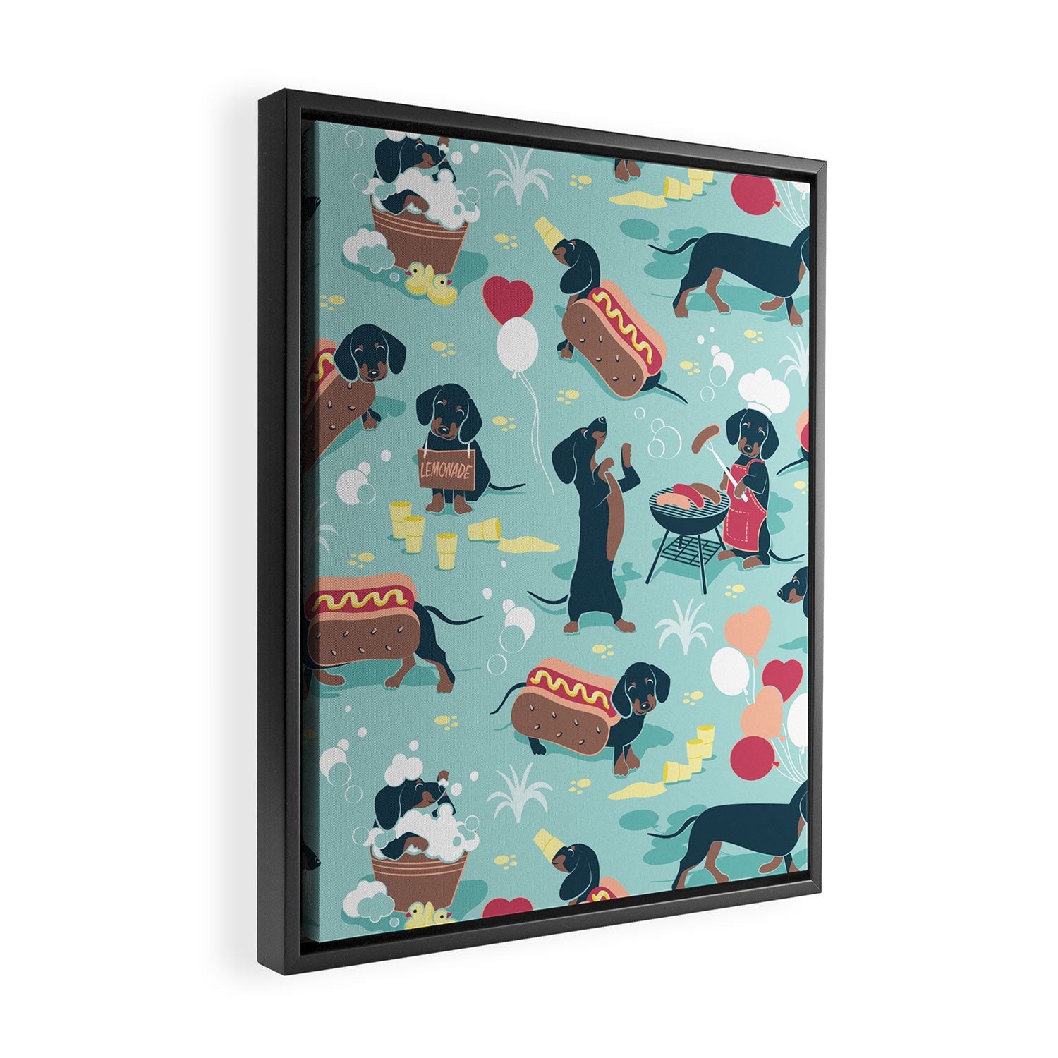 Hot dogs and lemonade // aqua background navy dachshunds Framed Canvas Print Gallery Image 2