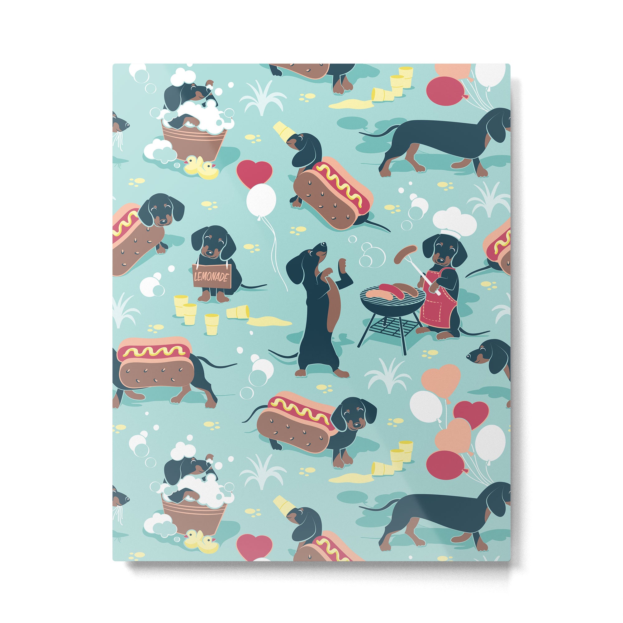 Hot dogs and lemonade // aqua background navy dachshunds Metal Print Gallery Image 4