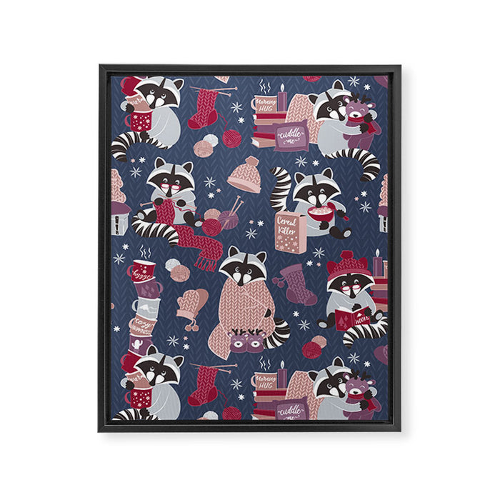 Hygge raccoon Framed Canvas Print Gallery Image 1