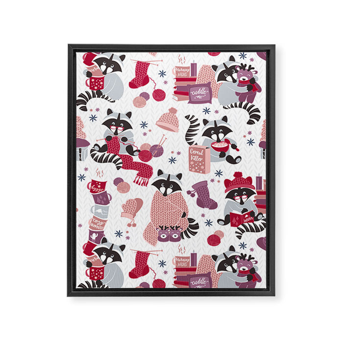 Hygge raccoon // white background Framed Canvas Print Gallery Image 1