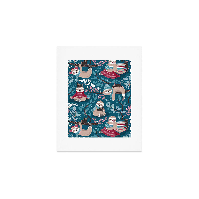 Hygge sloth // turquoise and red Art Print Gallery Image 1