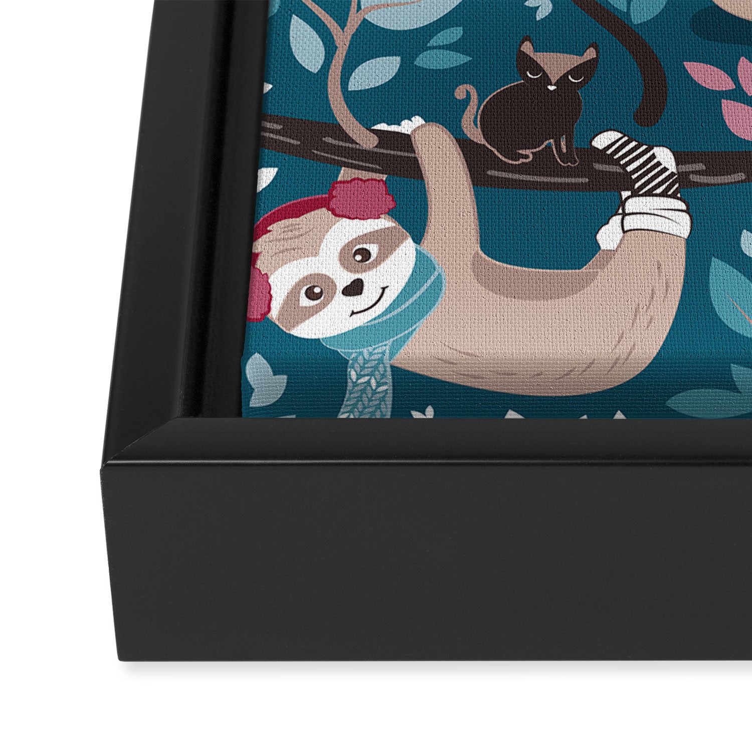 Hygge sloth // turquoise and red Framed Canvas Print Gallery Image 3