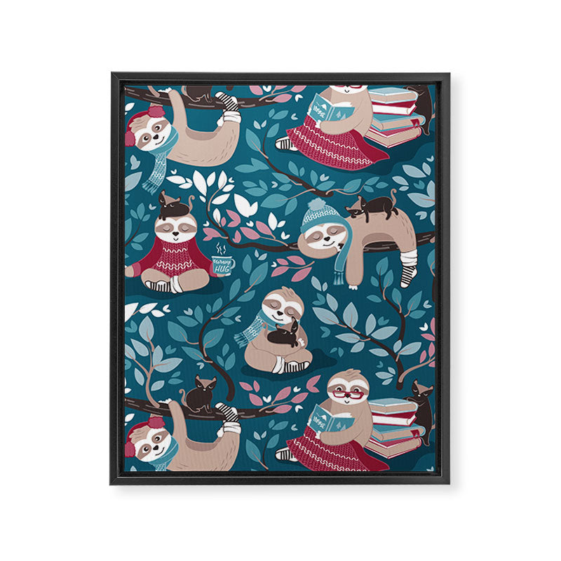 Hygge sloth // turquoise and red Framed Canvas Print Gallery Image 8