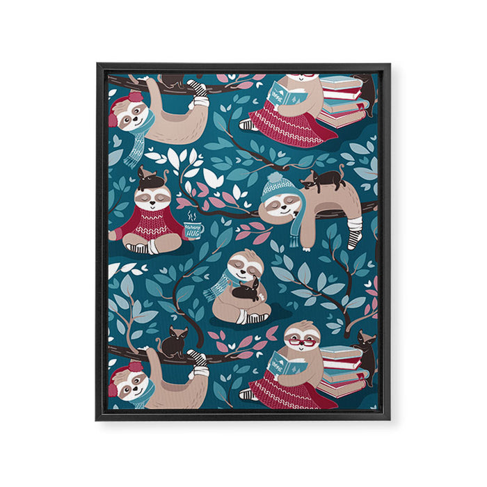 Hygge sloth // turquoise and red Framed Canvas Print Gallery Image 1