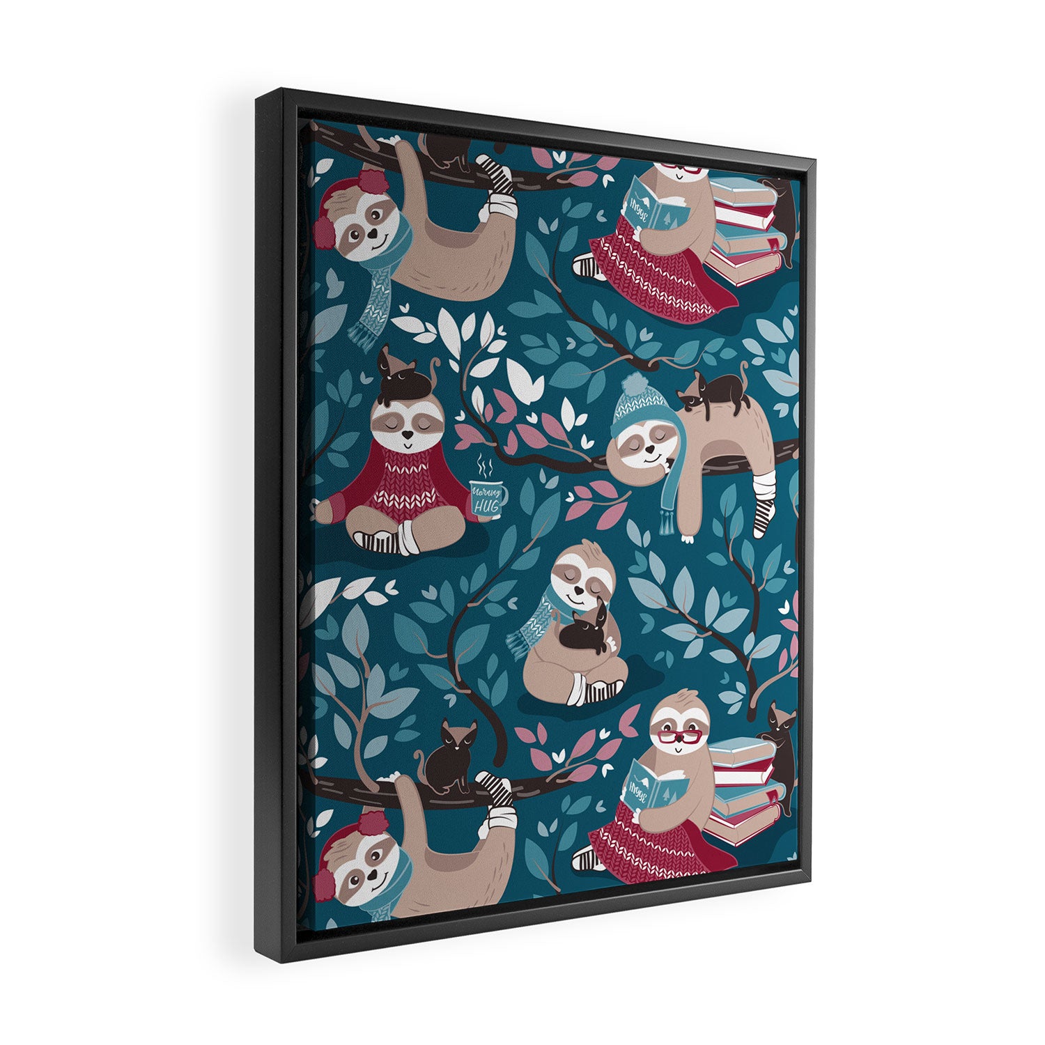 Hygge sloth // turquoise and red Framed Canvas Print Gallery Image 2