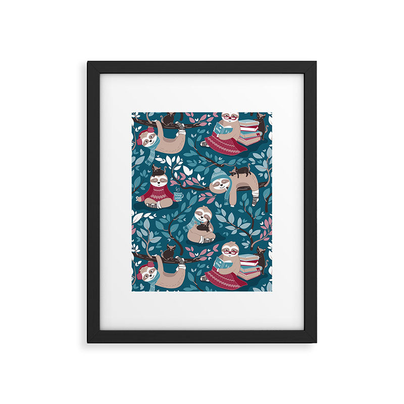 Hygge sloth // turquoise and red Framed Art Print Gallery Image 6