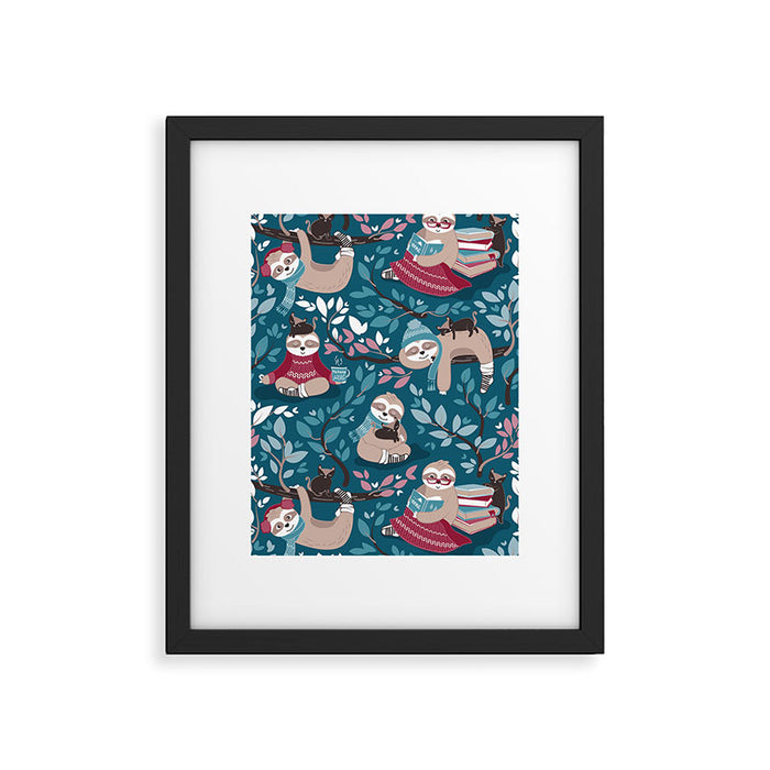 Hygge sloth // turquoise and red Framed Art Print Gallery Image 1
