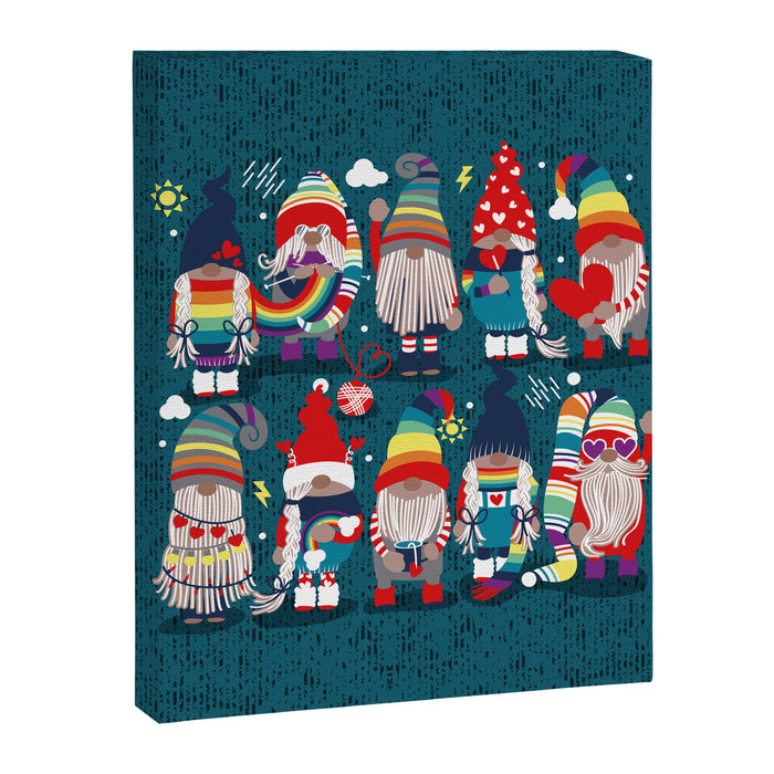 I gnome you // dark teal background little happy and lovely gnomes with rainbows vivid red hearts Canvas Print Gallery Image 1