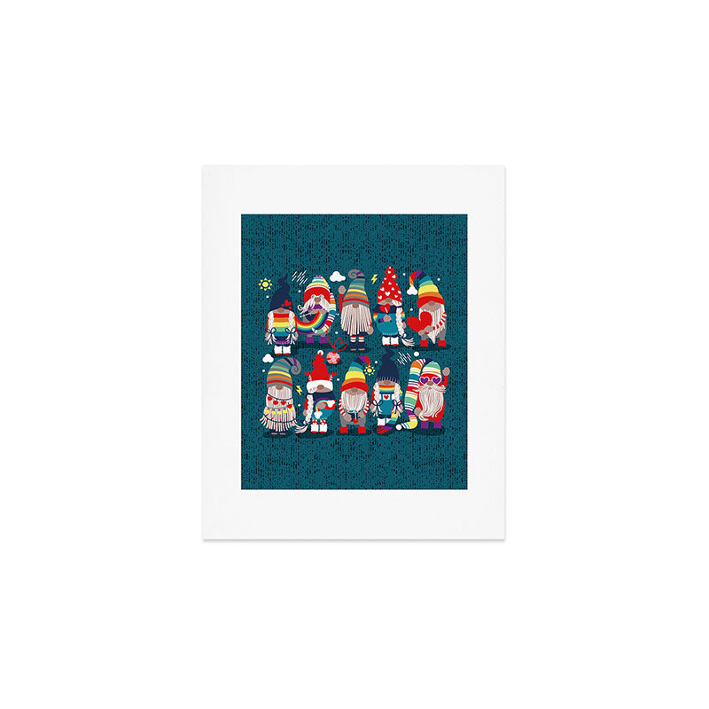 I gnome you // dark teal background little happy and lovely gnomes with rainbows vivid red hearts Art Print Gallery Image 1