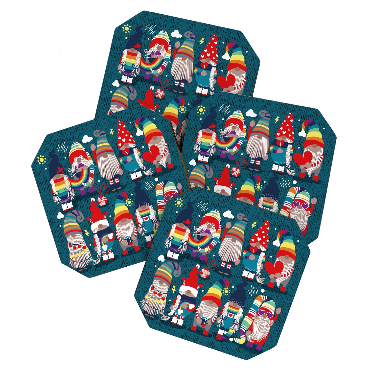 I gnome you // dark teal background little happy and lovely gnomes with rainbows vivid red hearts Coaster Gallery Image 1