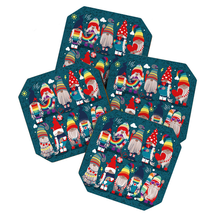 I gnome you // dark teal background little happy and lovely gnomes with rainbows vivid red hearts Coaster Gallery Image 1