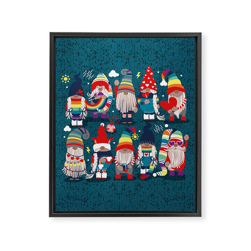 I gnome you // dark teal background little happy and lovely gnomes with rainbows vivid red hearts Framed Canvas Print Gallery Image 8