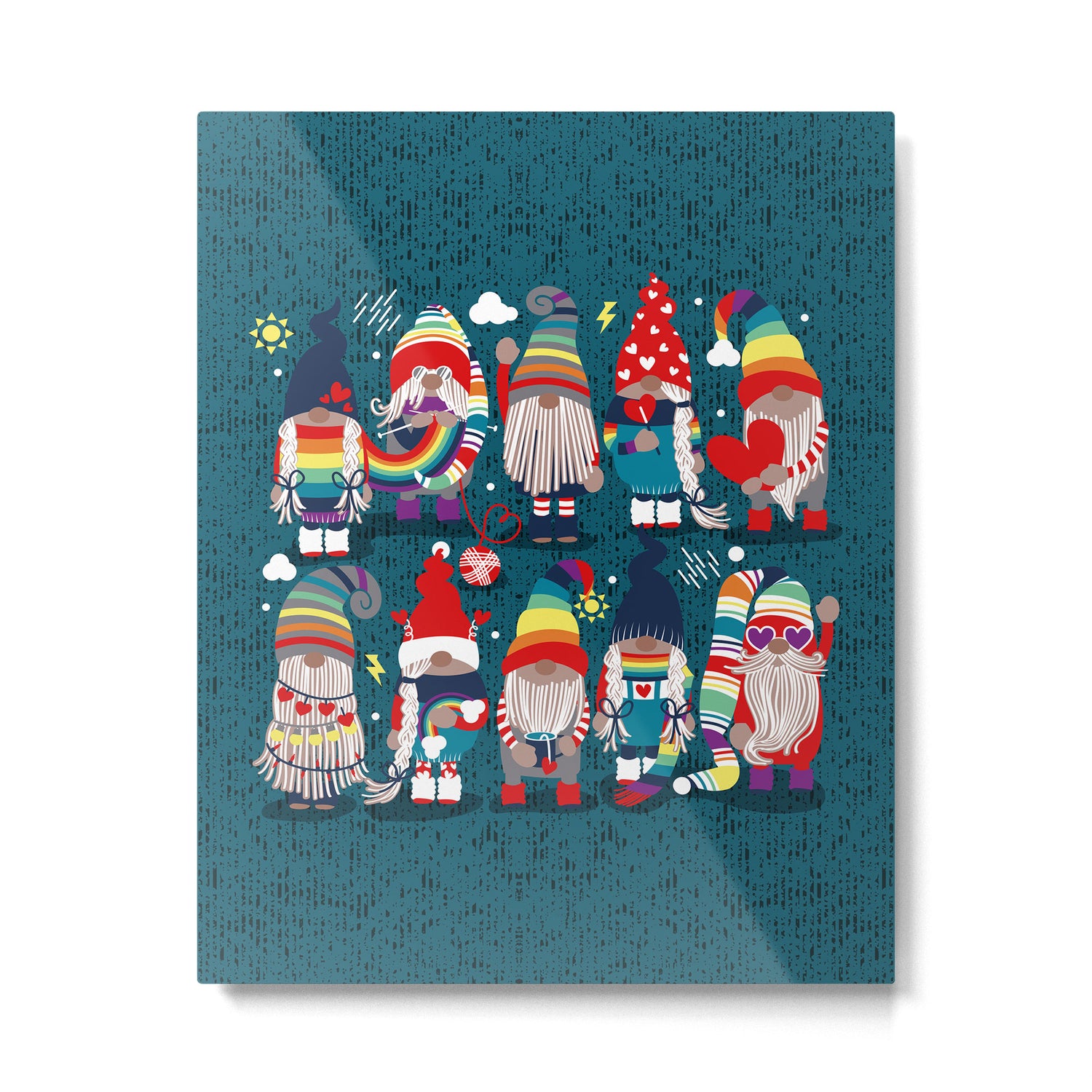 I gnome you // dark teal background little happy and lovely gnomes with rainbows vivid red hearts Metal Print Gallery Image 6