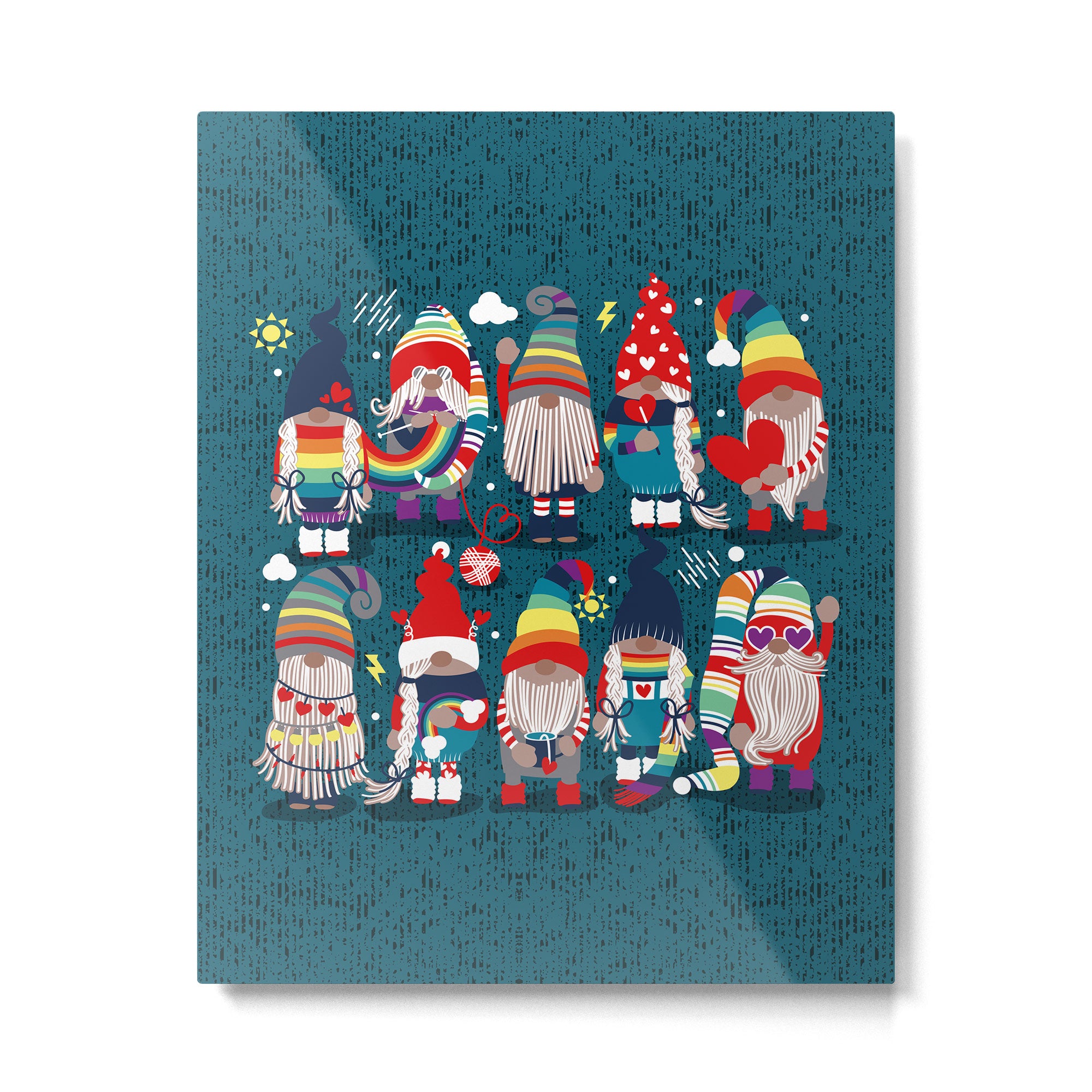 I gnome you // dark teal background little happy and lovely gnomes with rainbows vivid red hearts Metal Print Gallery Image 6