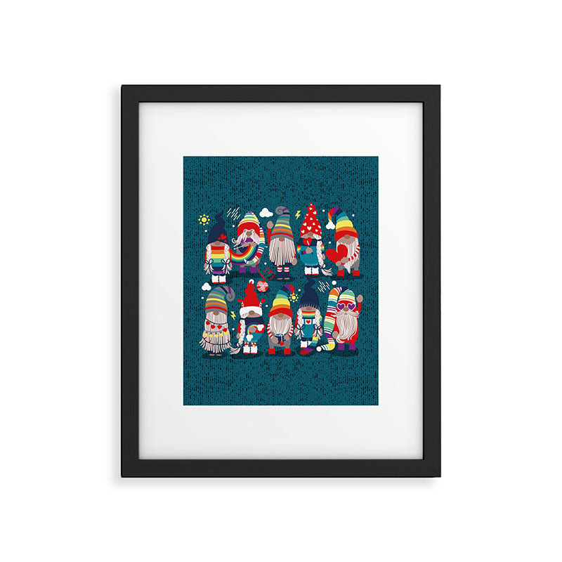 I gnome you // dark teal background little happy and lovely gnomes with rainbows vivid red hearts Framed Art Print Gallery Image 6