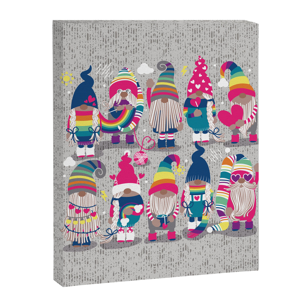 I gnome you // grey background little happy and lovely gnomes with rainbows fuchsia pink hearts Canvas Print Gallery Image 8